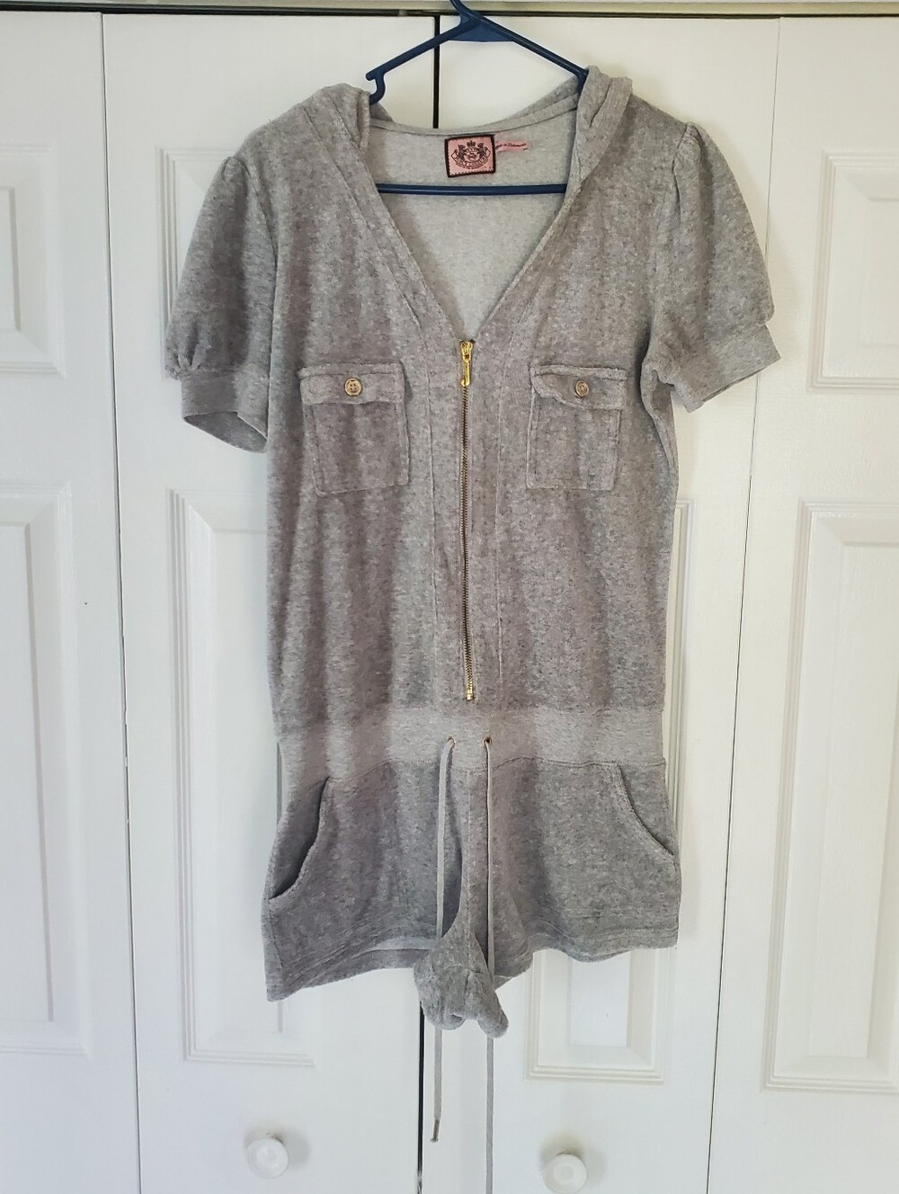 Juicy Couture Gray Hooded Short-Sleeve Romper with Gold Zip